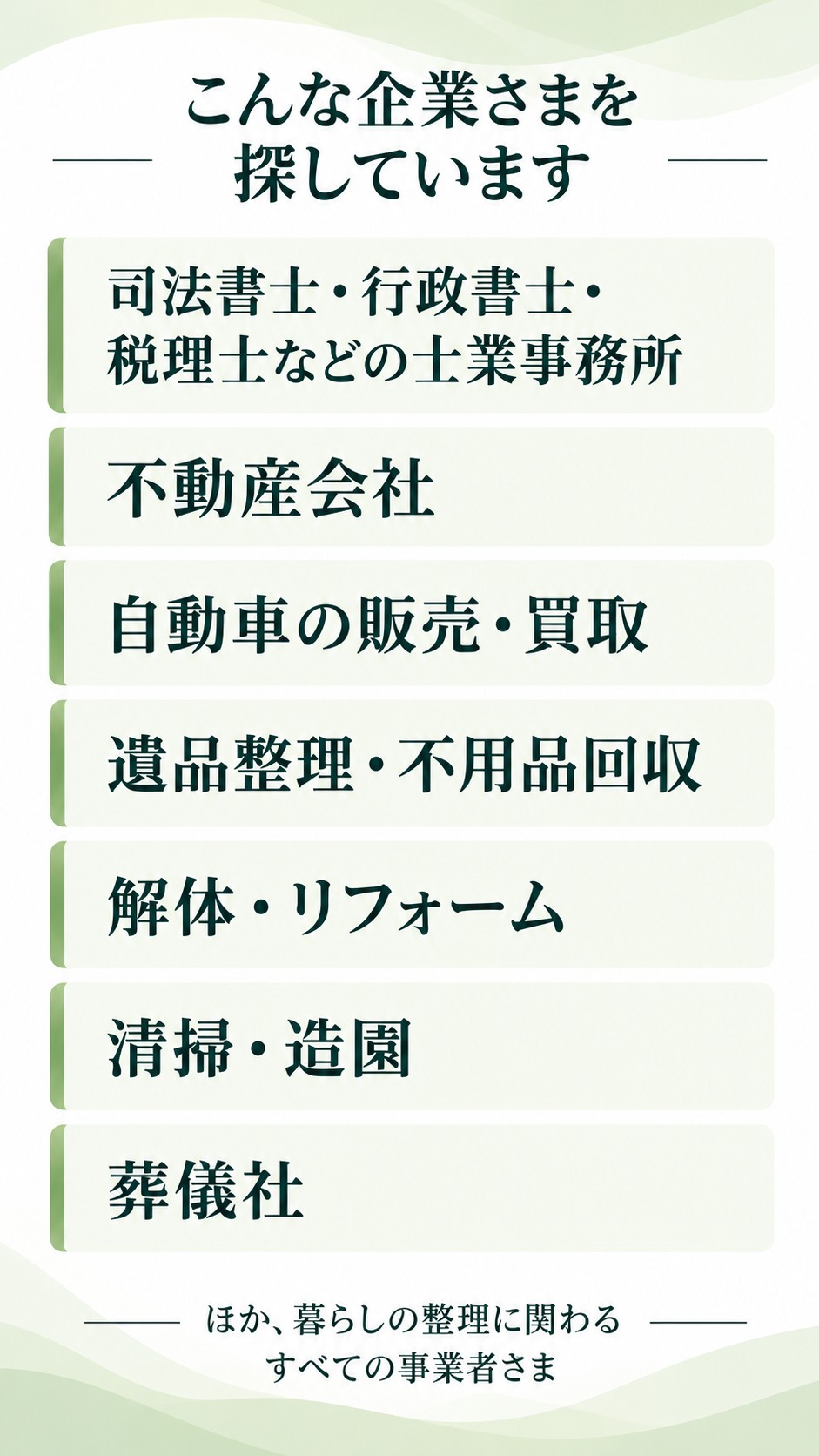 探している提携先の業種一覧。士業事務所、不動産会社、自動車の販売・買取、遺品整理・不用品回収、解体・リフォーム、清掃・造園、葬儀社など。